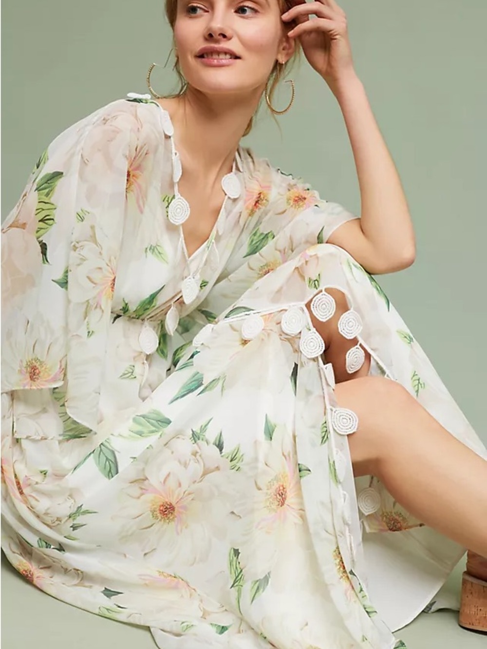 FARM Rio White Floral Maxi Dress with Green Leaves